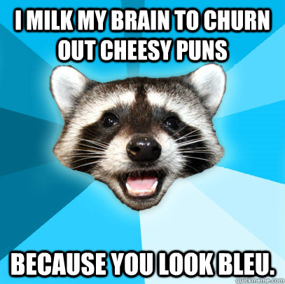 i milk my brain to churn out cheesy puns because you look bleu.  Lame Pun Coon