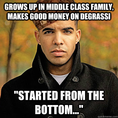 Grows up in middle class family, makes good money on Degrassi 