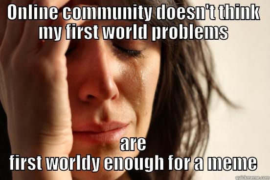 First world meta-meme - ONLINE COMMUNITY DOESN'T THINK MY FIRST WORLD PROBLEMS ARE FIRST WORLDY ENOUGH FOR A MEME First World Problems