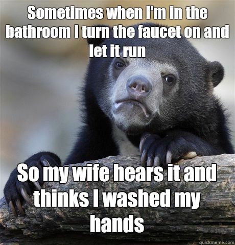 Sometimes when I'm in the bathroom I turn the faucet on and let it run So my wife hears it and thinks I washed my hands  Confession Bear