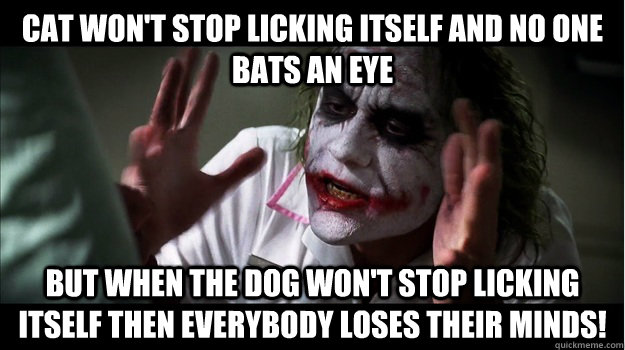 Cat won't stop licking itself and no one bats an eye But when the dog won't stop licking itself then EVERYBODY LOSES THeir minds!  Joker Mind Loss