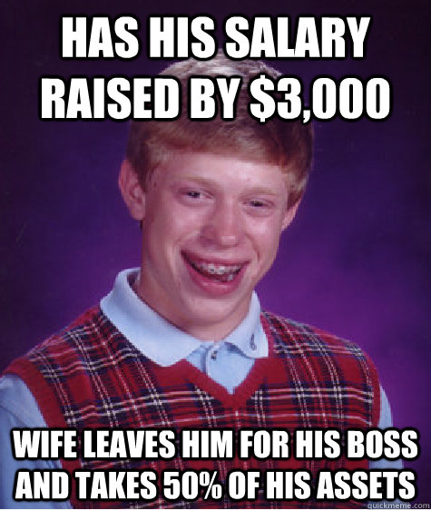 Has his salary raised by $3,000 Wife leaves him for his boss and takes 50% of his assets  Bad Luck Brian