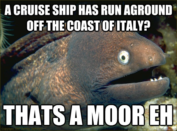 A cruise ship has run aground off the coast of Italy? Thats a moor eh - A cruise ship has run aground off the coast of Italy? Thats a moor eh  Bad Joke Eel