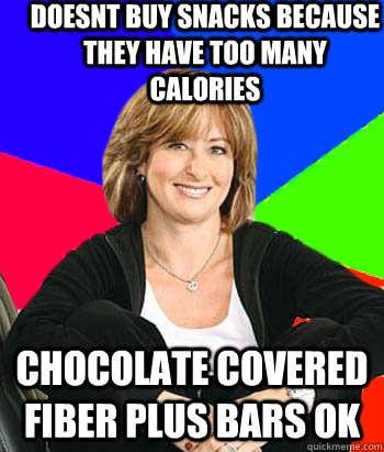 doesnt buy snacks because they have too many calories Chocolate covered fiber plus bars ok  Sheltering Suburban Mom