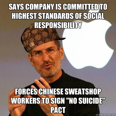 Says company is committed to highest standards of social responsibility Forces chinese sweatshop workers to sign 