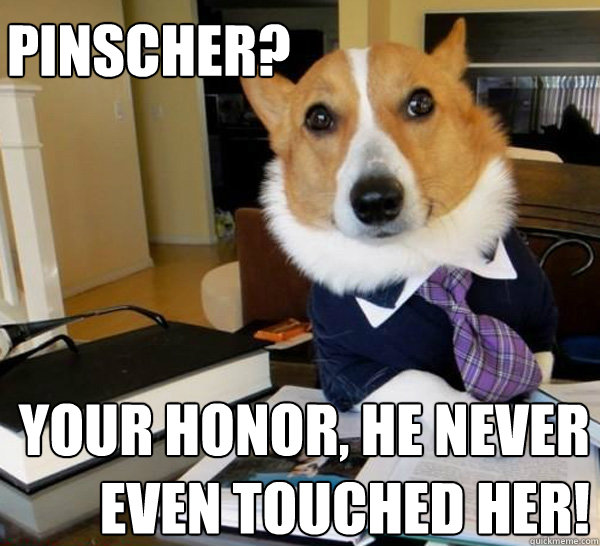 PINSCHER? Your Honor, He never
even touched her!  Lawyer Dog