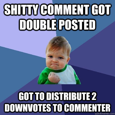 shitty comment got double posted got to distribute 2 downvotes to commenter  Success Kid