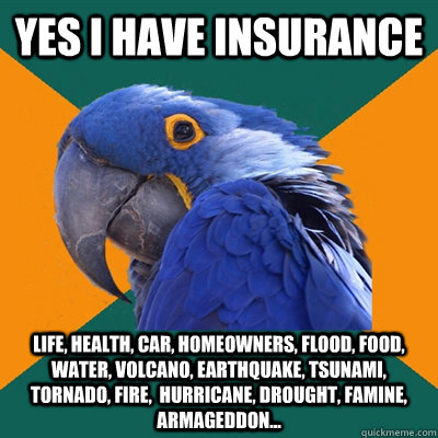 Yes i have insurance life, health, car, homeowners, flood, food, water, volcano, earthquake, tsunami, tornado, fire,  hurricane, drought, famine, armageddon...  Paranoid Parrot