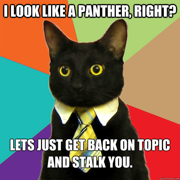 I look like a panther, right? Lets just get back on topic and stalk you.  Business Cat