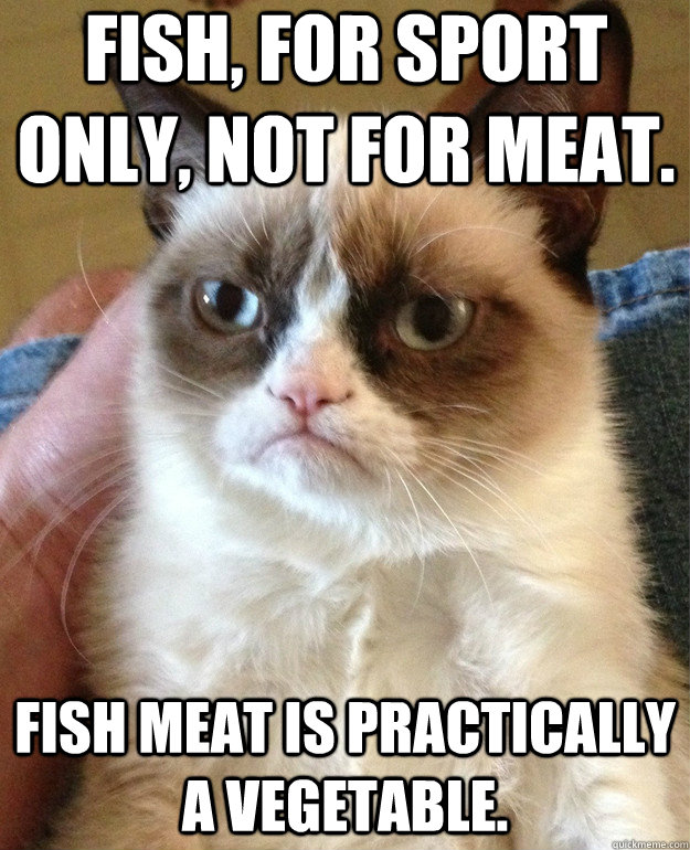 Fish, for sport only, not for meat.  Fish meat is practically a vegetable.  Grumpy Cat