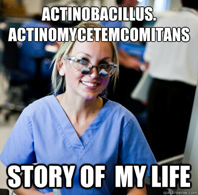 Actinobacillus.
actinomycetemcomitans story of  my life  overworked dental student