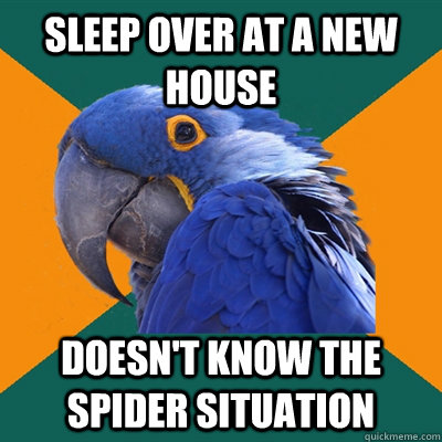 Sleep over at a new house Doesn't know the spider situation  Paranoid Parrot