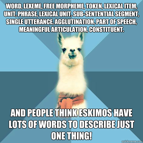 word, lexeme, free morpheme, token, lexical item, unit, phrase, lexical unit, sub-sentential segment, single utterance, agglutination, part of speech, meaningful articulation, constituent. and people think eskimos have lots of words to describe just one t  Linguist Llama