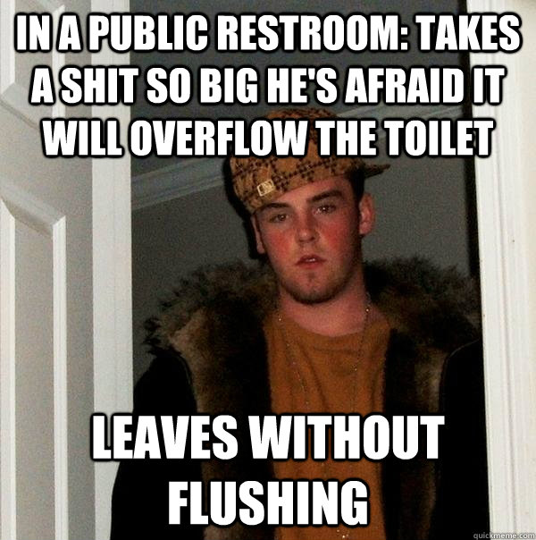 IN A PUBLIC RESTROOM: TAKES A SHIT SO BIG HE'S AFRAID IT WILL OVERFLOW THE TOILET LEAVES WITHOUT FLUSHING  Scumbag Steve