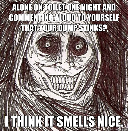 alone on toilet one night and commenting aloud to yourself that your dump stinks? i think it smells nice.  Horrifying Houseguest