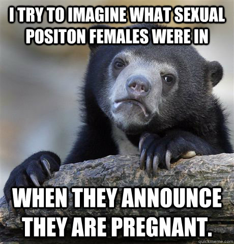 I TRY TO IMAGINE WHAT SEXUAL POSITON FEMALES WERE IN WHEN THEY ANNOUNCE THEY ARE PREGNANT.  Confession Bear