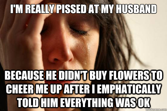 I'm really pissed at my husband Because he didn't buy flowers to cheer me up after I emphatically told him everything was OK  First World Problems