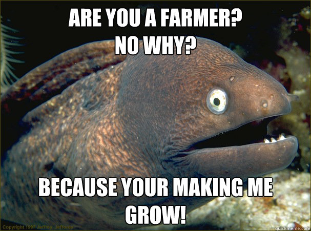 Are You a Farmer? 
No Why?  because your making me GROW!  Bad Joke Eel