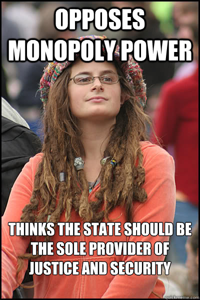 Opposes monopoly power Thinks the state should be the sole provider of justice and security services - Opposes monopoly power Thinks the state should be the sole provider of justice and security services  College Liberal