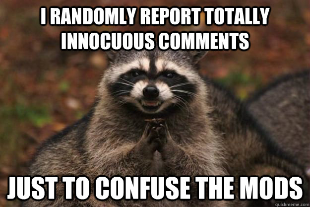 I randomly report totally innocuous comments just to confuse the mods - I randomly report totally innocuous comments just to confuse the mods  Evil Plotting Raccoon