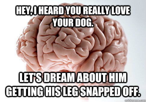 Hey, i heard you really love your dog. Let's dream about him getting his leg snapped off.  Get the [AdviceAnimals Chrome extension!](http://www.livememe.com/extension)  Scumbag Brain