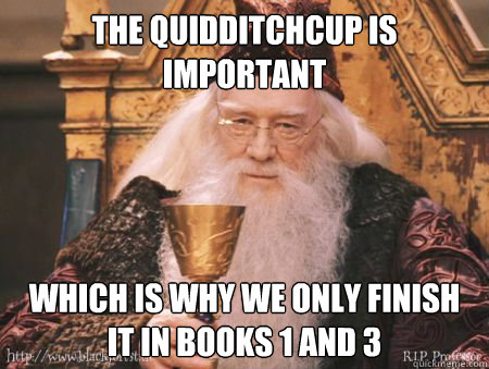 The QuidditchCup is important Which is Why we only finish it in books 1 and 3  Drew Dumbledore