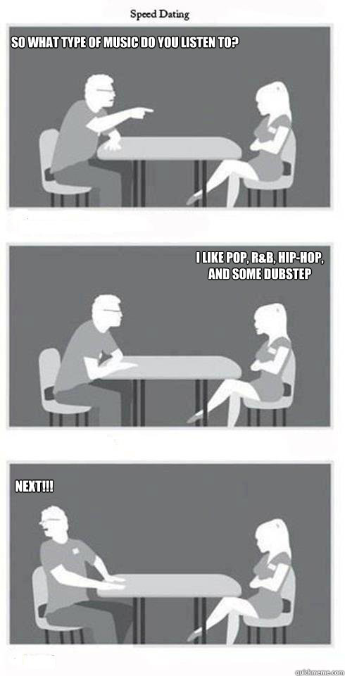 So what type of music do you listen to? I like pop, R&B, hip-hop, and some dubstep next!!!   Speed Dating