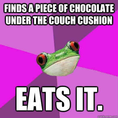 Finds a piece of chocolate under the couch cushion eats it.  Foul Bachelorette Frog