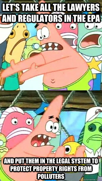 Let's take all the lawyers and regulators in the EPA and put them in the legal system to protect property rights from polluters - Let's take all the lawyers and regulators in the EPA and put them in the legal system to protect property rights from polluters  Push it somewhere else Patrick
