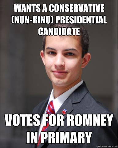 Wants a conservative (non-RINO) presidential candidate Votes for Romney in Primary  College Conservative