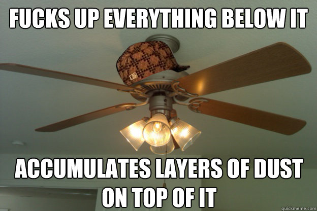 Fucks up everything below it Accumulates layers of dust on top of it  scumbag ceiling fan