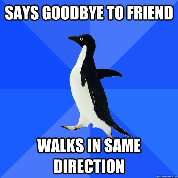 Says goodbye to friend walks in same direction  Socially Awkward Penguin