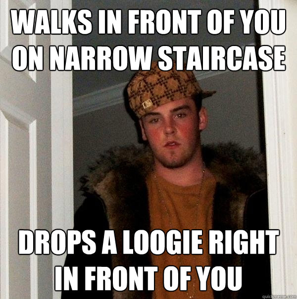 Walks in front of you on narrow staircase drops a loogie right in front of you  Scumbag Steve