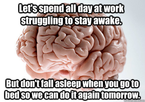 Let's spend all day at work struggling to stay awake. But don't fall asleep when you go to bed so we can do it again tomorrow.  - Let's spend all day at work struggling to stay awake. But don't fall asleep when you go to bed so we can do it again tomorrow.   Scumbag Brain