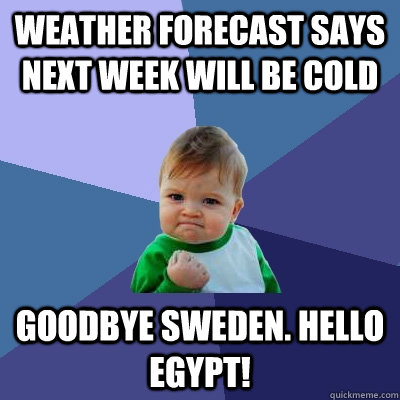 weather forecast says next week will be cold Goodbye sweden. hello egypt!  Success Kid