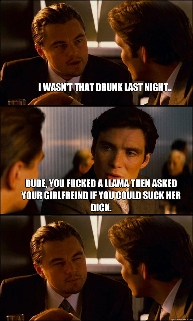 I wasn't that drunk last night.. Dude, you fucked a llama then asked your girlfreind if you could suck her dick.  Inception