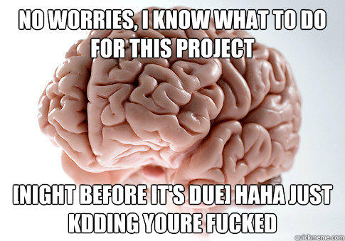 no worries, I know what to do for this project [Night before it's due] haha just kdding youre fucked - no worries, I know what to do for this project [Night before it's due] haha just kdding youre fucked  Scumbag Brain