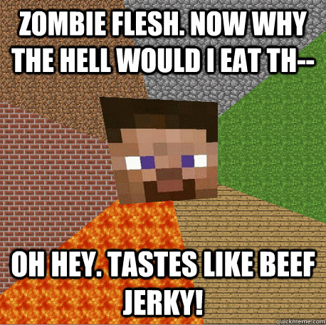 ZOMBIE FLESH. NOW WHY THE HELL WOULD I EAT TH-- OH HEY. TASTES LIKE BEEF JERKY!  Minecraft