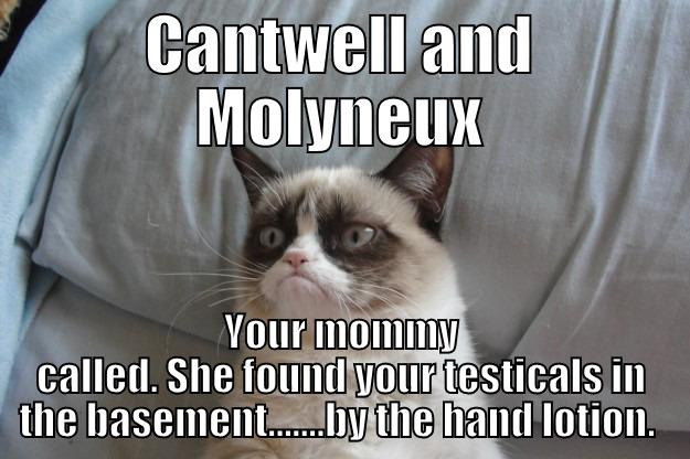 CANTWELL AND MOLYNEUX YOUR MOMMY CALLED. SHE FOUND YOUR TESTICALS IN THE BASEMENT.......BY THE HAND LOTION.  Grumpy Cat