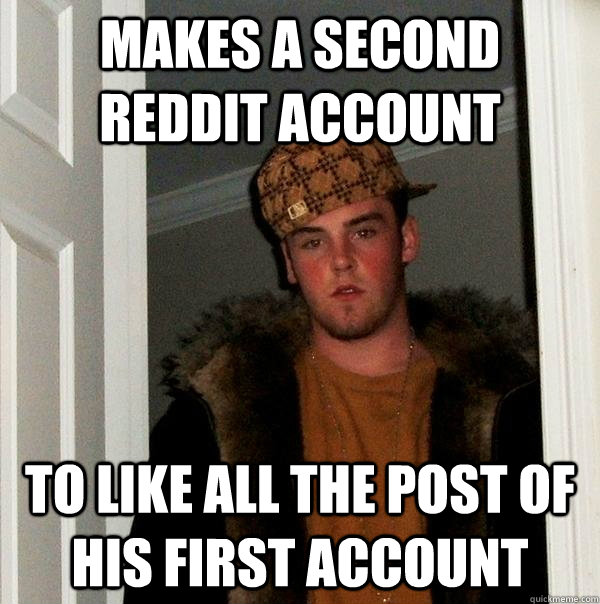 MAKES A SECOND REDDIT ACCOUNT TO LIKE ALL THE POST OF HIS FIRST ACCOUNT  Scumbag Steve