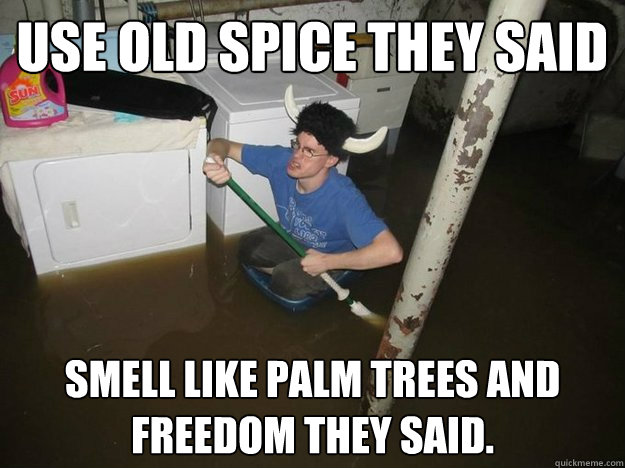 Use old spice they said Smell like palm trees and freedom they said. - Use old spice they said Smell like palm trees and freedom they said.  Do the laundry they said