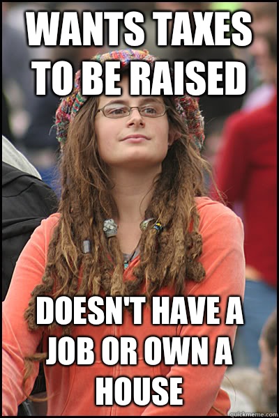 Wants taxes to be raised Doesn't have a job or own a house  College Liberal