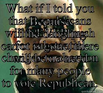 WHAT IF I TOLD YOU THAT REPUBLICANS WILL NEVER PUSH FOR SUBSTANTIAL CHANGES TO ABORTION LAW.... BECAUSE IF THE DANGLING CARROT IS GONE, THERE WILL BE NO NEED FOR MANY PEOPLE TO VOTE REPUBLICAN. Matrix Morpheus