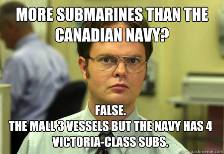 More submarines than the Canadian Navy? False.
the mall 3 vessels but the navy has 4 Victoria-class subs.  Dwight