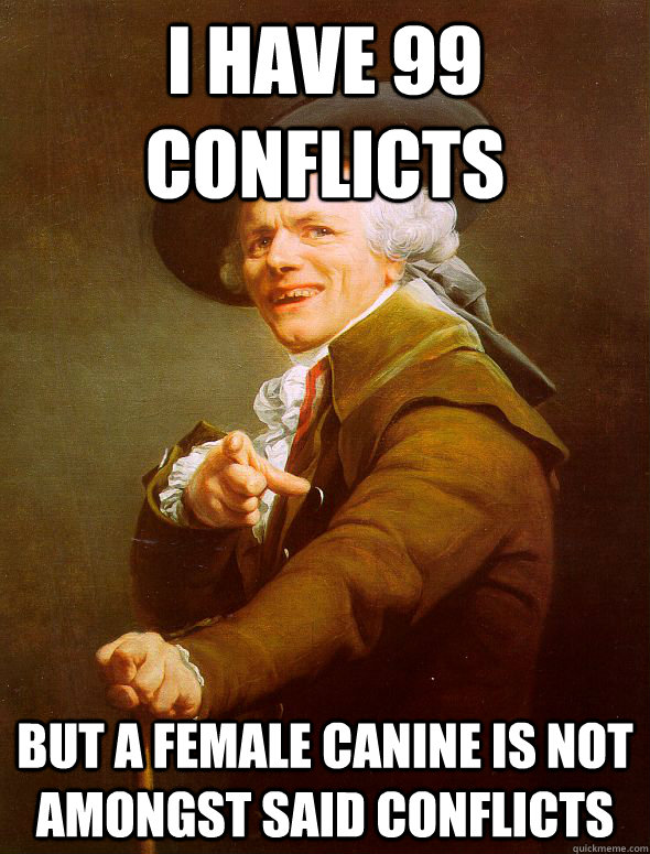 I have 99 conflicts  but a female canine is not amongst said conflicts  Joseph Ducreux