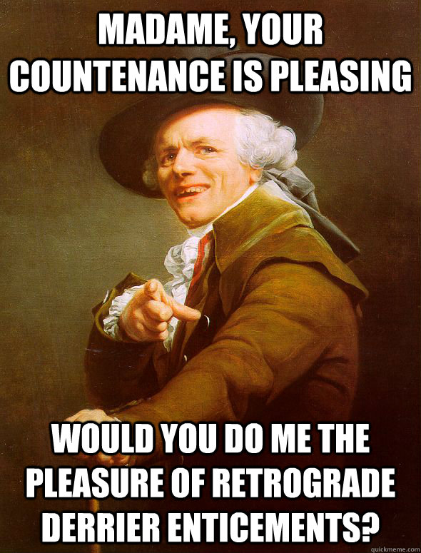 Madame, your countenance is pleasing would you do me the pleasure of retrograde derrier enticements?  Joseph Ducreux