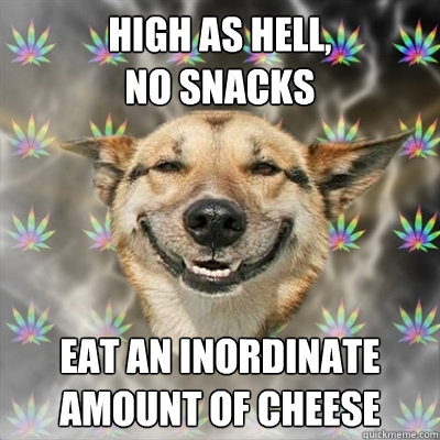 high as hell,
no snacks eat an inordinate amount of cheese - high as hell,
no snacks eat an inordinate amount of cheese  Stoner Dog