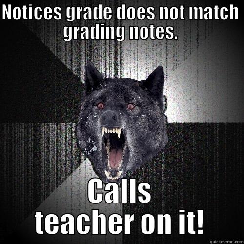 Grade check! - NOTICES GRADE DOES NOT MATCH GRADING NOTES. CALLS TEACHER ON IT! Insanity Wolf