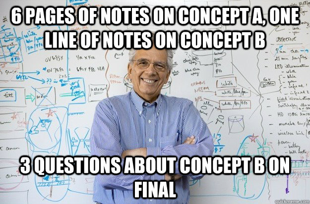 6 pages of notes on concept A, one line of notes on concept B 3 questions about concept B on final  Engineering Professor