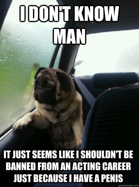 I don't know man it just seems like I shouldn't be banned from an acting career just because I have a penis  Introspective Pug